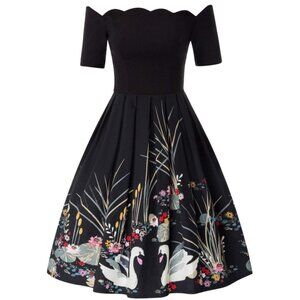 Belle Poque XXL Black Off Shoulder Swan Floral Print Party Swing Dress Retro